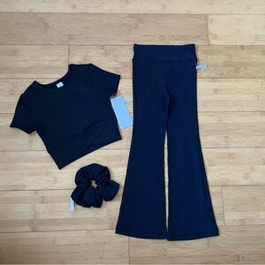 NWT Girls Size 4 Black Actives Outfit - Ribbed Top & Flare Pants & Scrunchie
